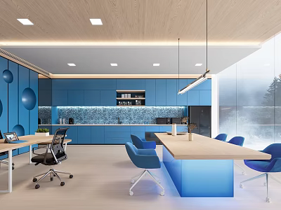 Stylish Modern Break Room Design With Blue Cabinets Wooden Table Chairs And Bright Lighting 3d model