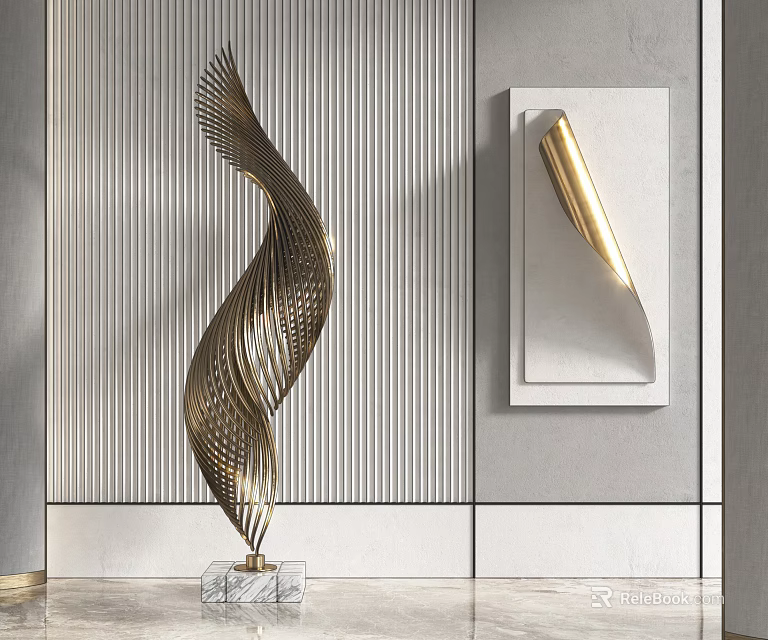 Modern Golden Spiral Sculpture And Abstract Wall Carving For Contemporary Interior Decor 3d model 