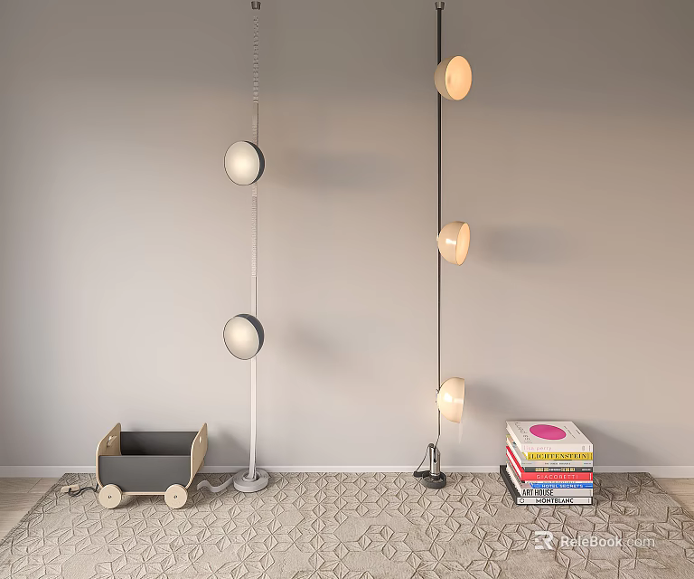 Modern Floor Lamp with Multi Globe Design in Room with Toy Cart and Book Stack 3d model 
