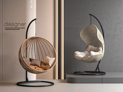 Modern Rattan Hanging Chair with Dark and Light Pillows and Metal Stand in Interior Design 3d model