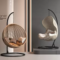 Modern Rattan Hanging Chair with Dark and Light Pillows and Metal Stand in Interior Design