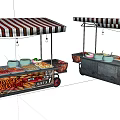 Food Vending Cart With Striped Awning Food Display Bowls And Wheels