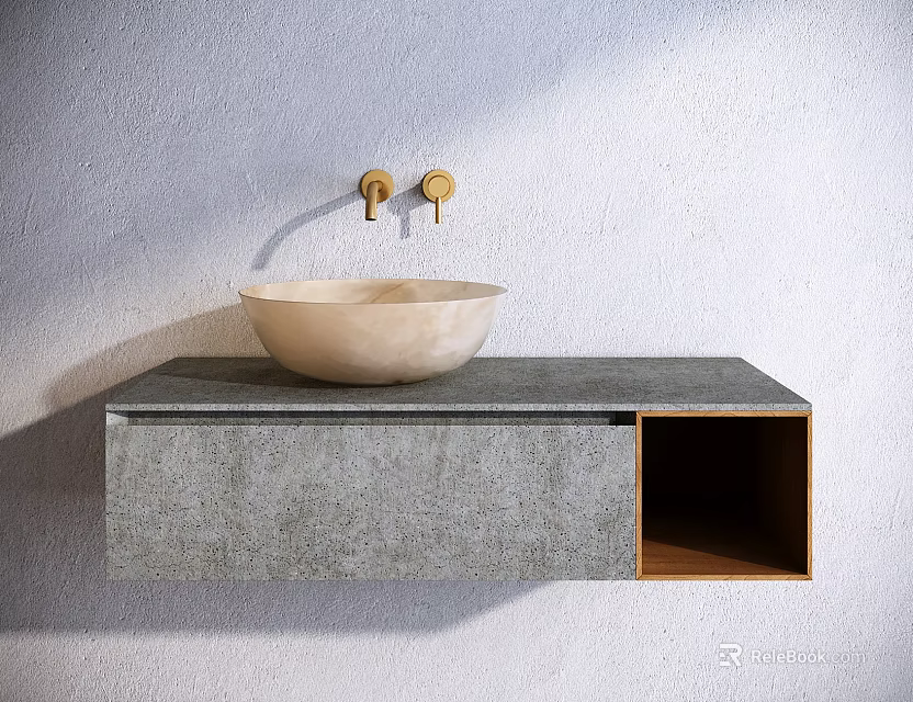 Wall Mounted Bathroom Sink With Concrete Countertop Stone Basin And Golden Faucets 3d model 
