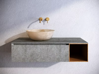 Wall Mounted Bathroom Sink With Concrete Countertop Stone Basin And Golden Faucets 3d model