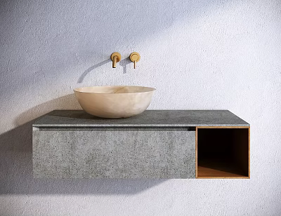 Wall Mounted Bathroom Sink With Concrete Countertop Stone Basin And Golden Faucets 3d model