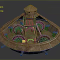 Traditional Wooden Water Transport Vehicle with Circular Hull Tower Structure Wheels and Cannons
