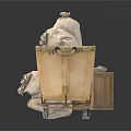 Vintage Household Supplies With Wheeled Cart Wooden Box Sacks Cloths And Lantern