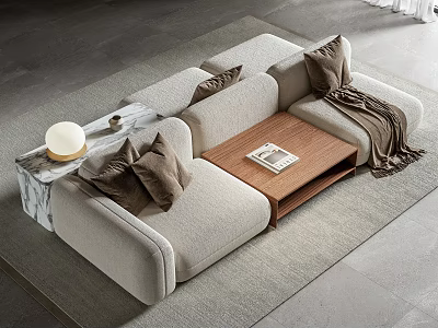 Light Gray Sectional Sofa With Brown Cushions Wooden Coffee Table And Marble Side Table 3d model