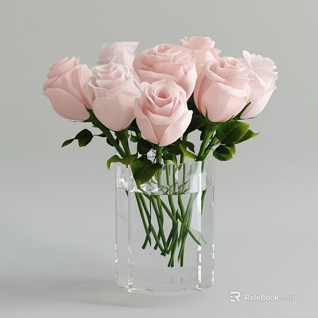 Decorative Ornament Set with Pink Roses in Transparent Glass Vase and Green Leaves 3d model 