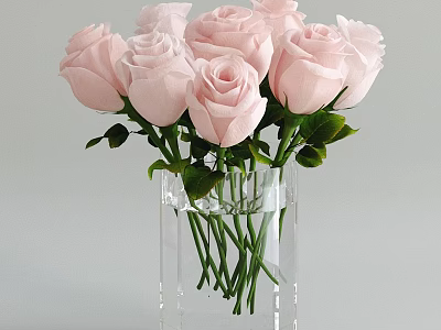 Decorative Ornament Set with Pink Roses in Transparent Glass Vase and Green Leaves 3d model