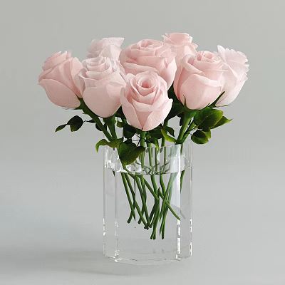 Decorative Ornament Set with Pink Roses in Transparent Glass Vase and Green Leaves 3d model