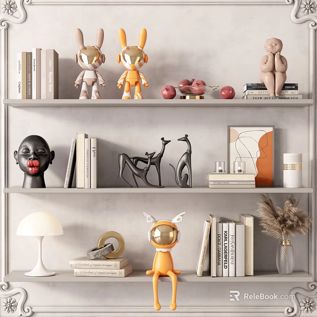 Decorative Ornament Combination With Books Sculptures And Figurines On Shelf 3d model 