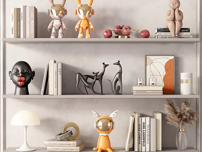 Decorative Ornament Combination With Books Sculptures And Figurines On Shelf 3d model