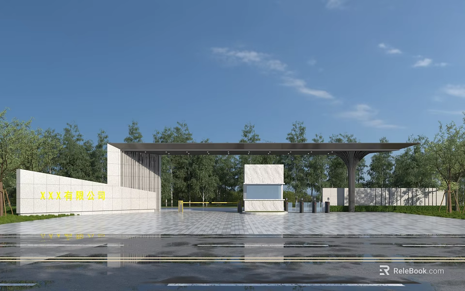 Modern Industrial Factory Exterior With Gate Plaza Green Trees And Stone Wall 3d model 