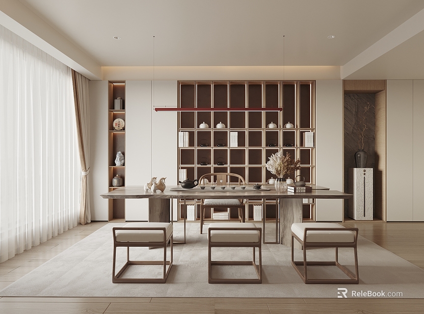 Modern Tea Room Interior Design With Long Table Wooden Shelves And Tea Sets 3d model 