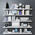 Decorative Ornaments and Figurines Set with Vases Photo Frames Books Sculptures on White Shelves