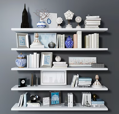 Decorative Ornaments and Figurines Set with Vases Photo Frames Books Sculptures on White Shelves 3d model