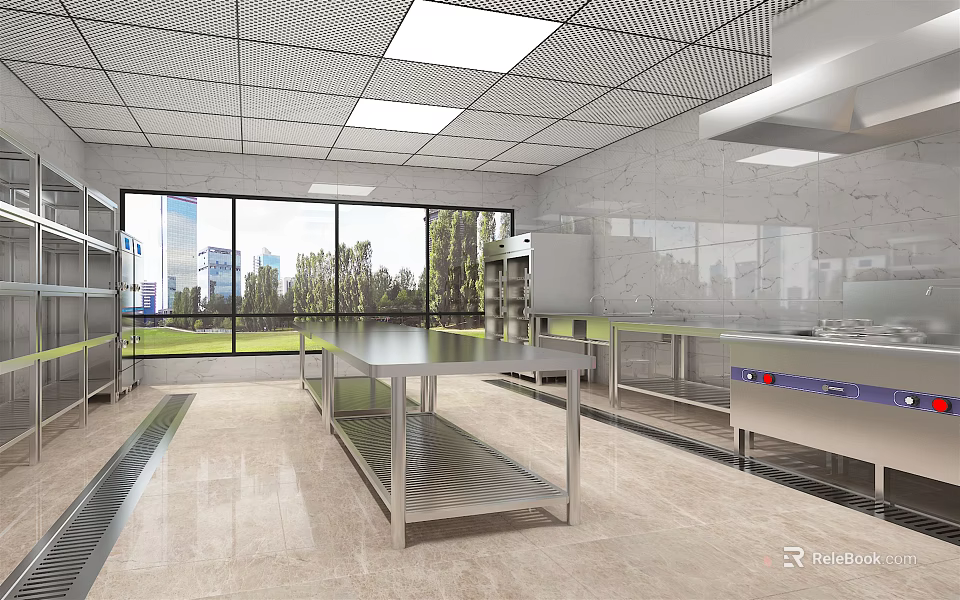 Commercial Kitchen Interior With Stainless Steel Worktables Large Windows Vent Hood And Metal Shelving 3d model 
