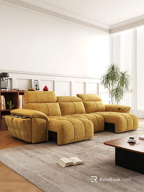 L shaped Velvet Sofa and Wooden Coffee Table Set With Decorative Plants and Bookshelf 3d model 