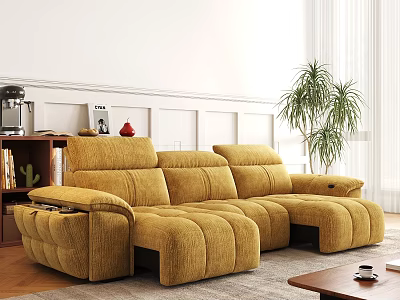 L shaped Velvet Sofa and Wooden Coffee Table Set With Decorative Plants and Bookshelf 3d model