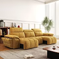 L shaped Velvet Sofa and Wooden Coffee Table Set With Decorative Plants and Bookshelf