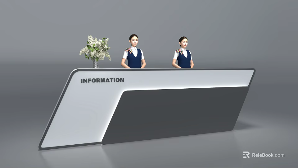 Modern Information Reception Desk with Two Staff Members and Fresh Flower Arrangement 3d model 