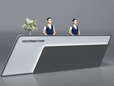 Modern Information Reception Desk with Two Staff Members and Fresh Flower Arrangement 3d model
