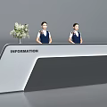 Modern Information Reception Desk with Two Staff Members and Fresh Flower Arrangement