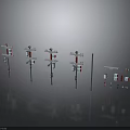 Power Poles With Transformers Insulators Components And Reflections On Black Background