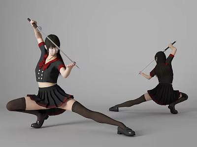 Woman In Black Red Outfit Holding Sword In Dynamic Squatting Pose 3d model