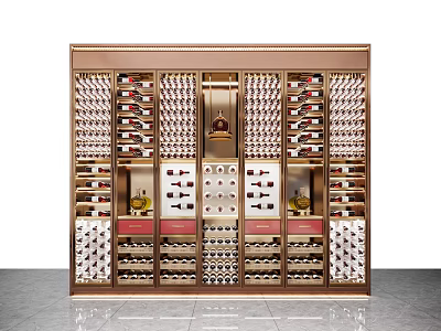 Elegant Gold Wine Cabinet Design with Multiple Shelves for Wine Bottles and Glasses Storage 3d model