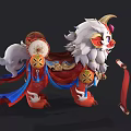 Cartoon Style Chinese Mythical Beast With White Red Mane Decorative Bells And Scroll