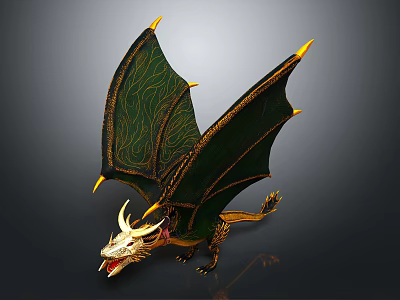 3D Dragon Model With Green Wings Golden Accents And White Head 3d model