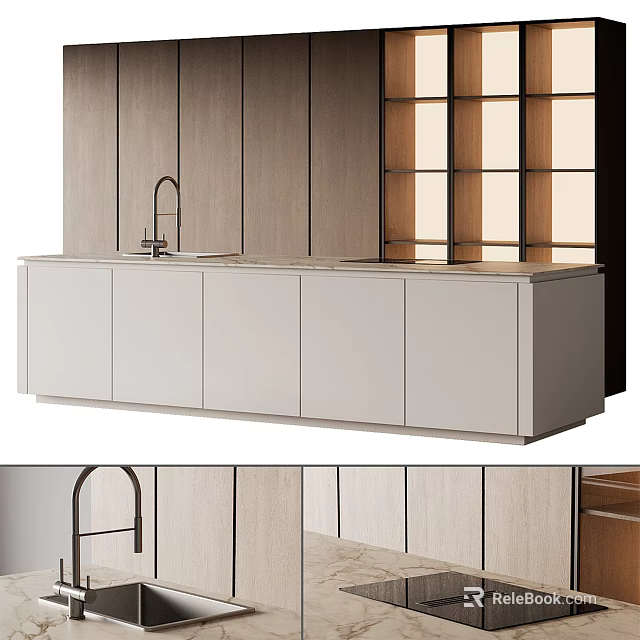 Modern Kitchen Interior Design With Light Gray Cabinets And Wooden Island Counter 3d model 