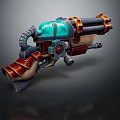 Steampunk Style Weapon Featuring Green Cylinder Metal Tubes Red Leather Straps And Gear Details