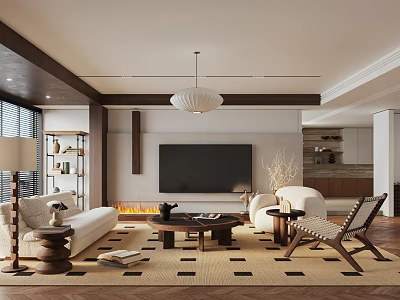 Modern Living Room Interior With White Sofa Black TV Wooden Coffee Table And Pendant Light 3d model