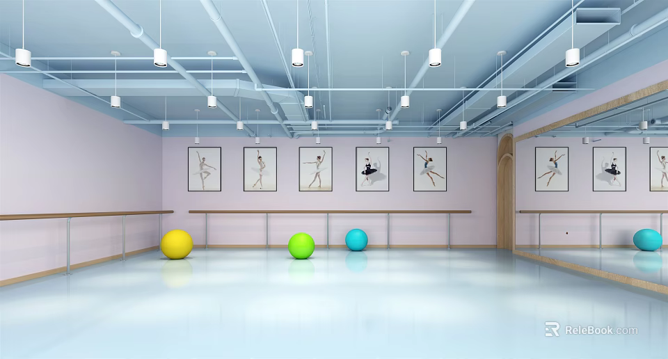 Spacious Dance Studio With Barre Mirrors Wall Posters And Colorful Fitness Balls 3d model 