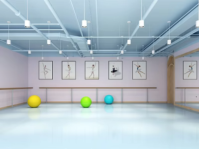 Spacious Dance Studio With Barre Mirrors Wall Posters And Colorful Fitness Balls 3d model