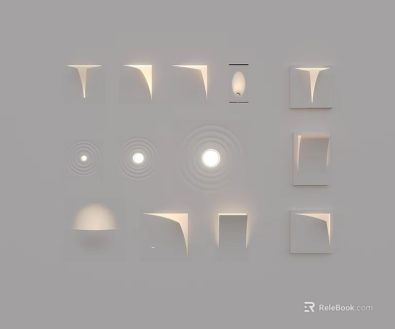 Various Shaped Recessed Decorative Lights on Gray Wall with Soft Lighting Effects 3d model