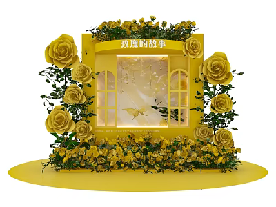 Floral Art Decorative Installation Featuring Yellow Roses Green Foliage And Yellow Frame 3d model