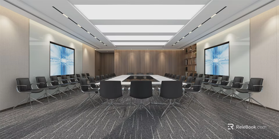 Modern Conference Room With Large Table Black Chairs Dual Screens Wooden Walls And Ceiling Lighting 3d model 