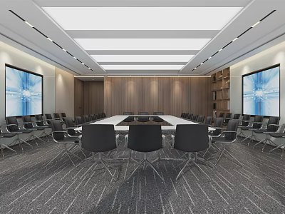 Modern Conference Room With Large Table Black Chairs Dual Screens Wooden Walls And Ceiling Lighting 3d model