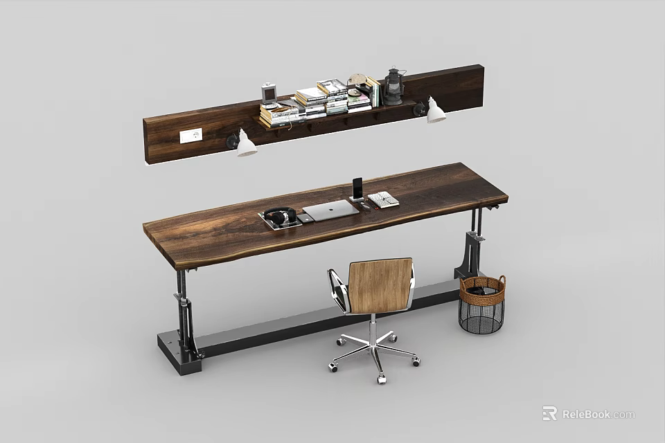Modern Office Desk with Wooden Tabletop Metal Legs Floating Shelf Books Lamps and Rolling Chair 3d model 