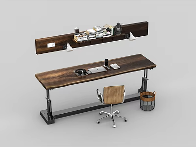 Modern Office Desk with Wooden Tabletop Metal Legs Floating Shelf Books Lamps and Rolling Chair 3d model