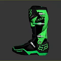 Black Motorcycle Boots With Green Accents Fox Logo And Racing Style Straps Design