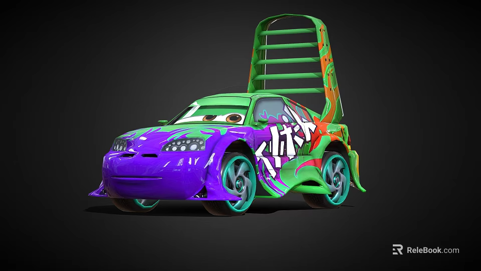 Animated Purple and Green Car with Klik Graphics and Ladder Structure on Roof 3d model 