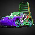 Animated Purple and Green Car with Klik Graphics and Ladder Structure on Roof