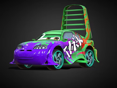 Animated Purple and Green Car with Klik Graphics and Ladder Structure on Roof 3d model