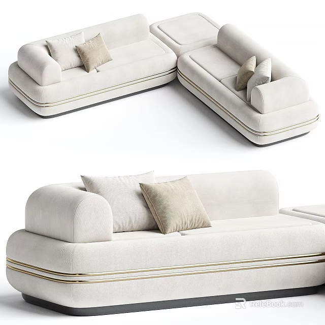 Modern Sectional Sofa with Beige Upholstery Gold Trim and Decorative Pillows 3d model 