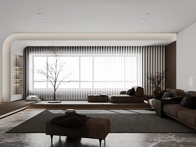 Modern Living Room Interior With Large Window Blinds Sofa Ottoman Rug Plant And Bookshelf 3d model